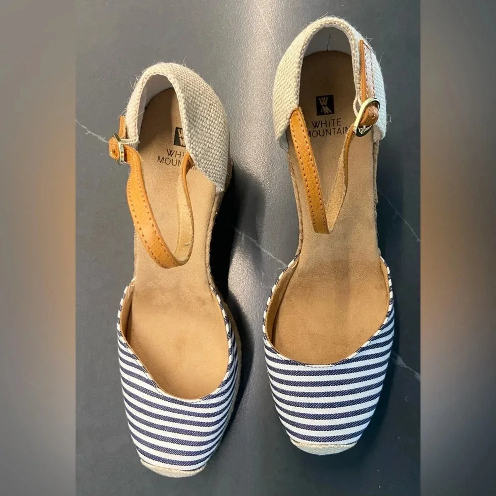 White Mountain Mamba Wedge Espadrille Blue/White Stripe Leather Ankle Strap 11 M